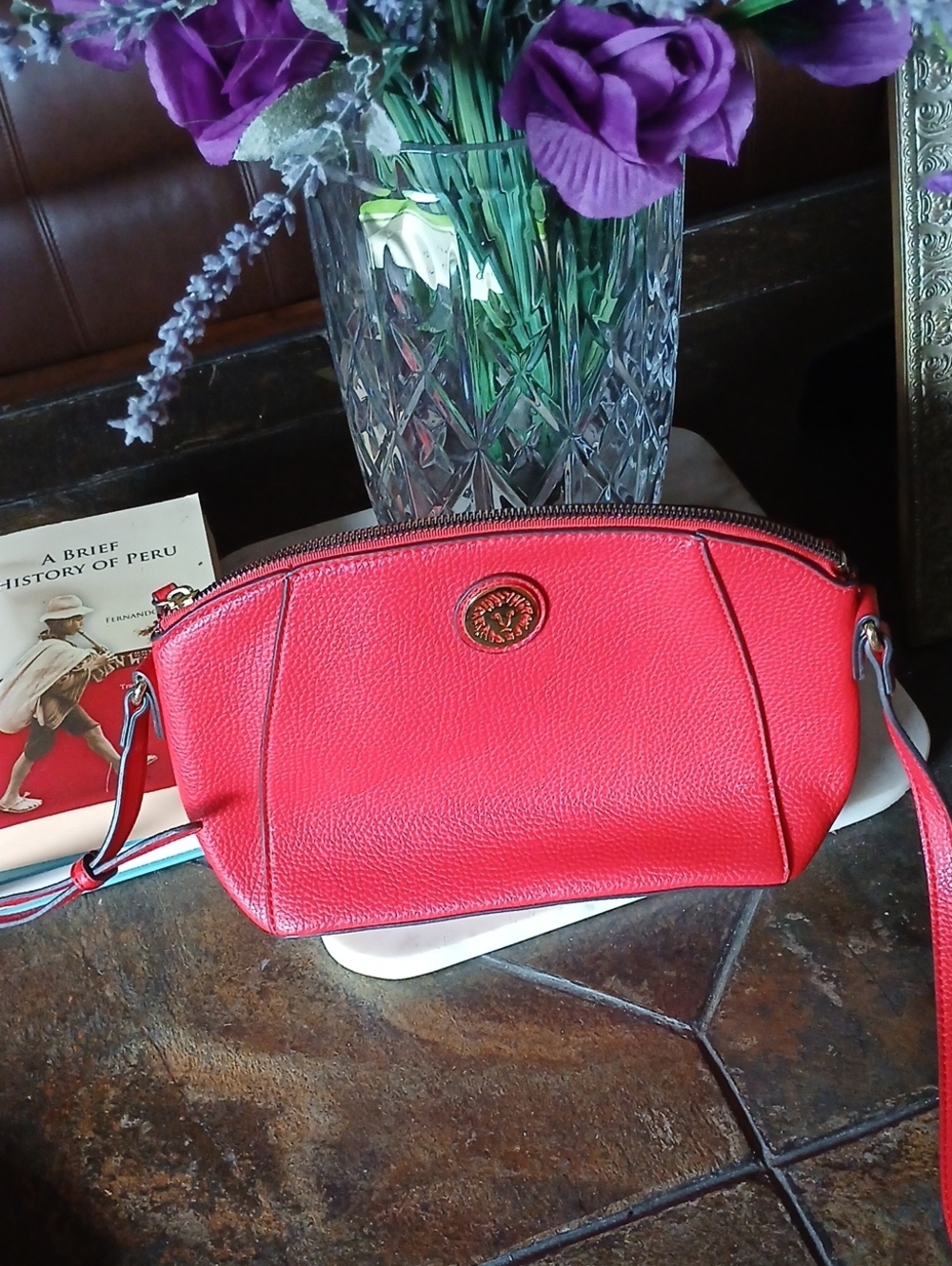 Anne Klein Red Pebbled Leather Crossbody Bag with Logo Accent